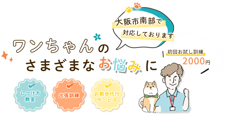 ワンちゃんのさまざまなお悩みに,しつけ方教室,出張訓練,お散歩代行サービス,大阪市南部で対応しております,初回お試し訓練2000円